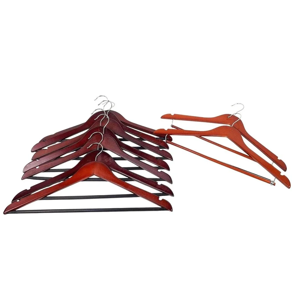 7 Vintage Solid Wood Suit Hangers Cherry Finish + 2 Non Slip Pant Bar Chrome